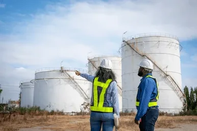 Oil Save personnel inspecting storage tanks on site